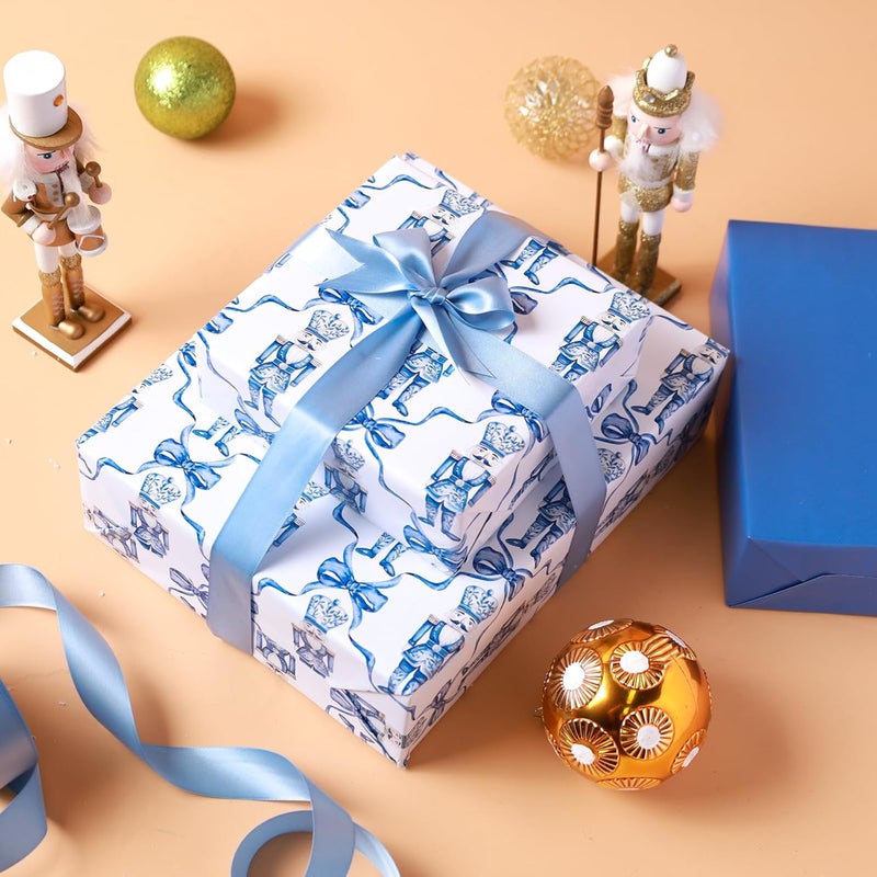 LaRibbons Reversible Christmas Wrapping Paper Mini Roll, Blue Nutcracker and Bow Pattern Toile Design, Ideal for Christmas, Holiday, and Seasonal Gift Wrapping, 17" x 33' (46.7 sq. ft) - Image 5
